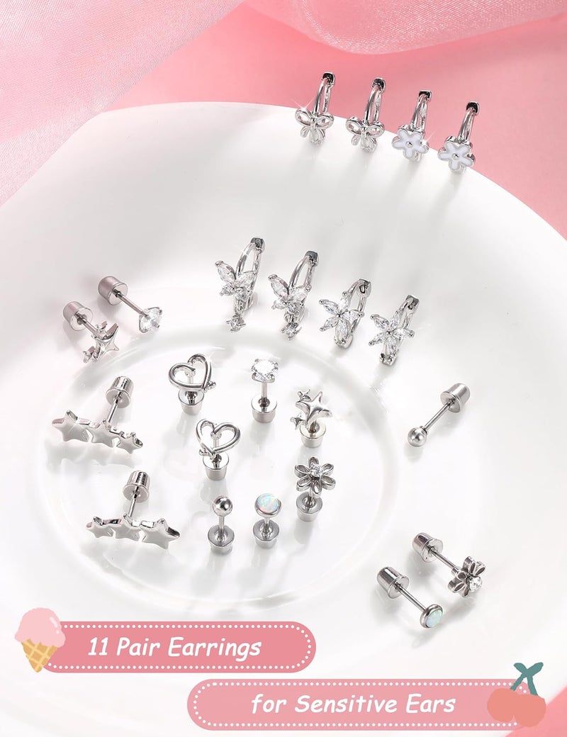 Yadoca Hypoallergenic Earrings for Girls Cute Kids Jewelry Screw Back Toddler Baby Huggie Hoops Earrings Studs Surgical Stainless Steel Earrings Set for Sensitive Ears Flower Heart Earrings for Women - Image 3